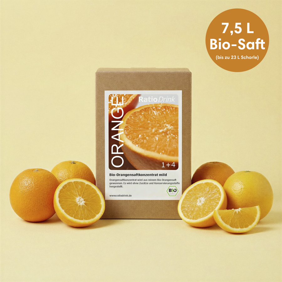 Bio Orangensaftkonzentrat mild 1,5L Bag-in-Box Verpackung von ratiodrink mit Orangenscheiben