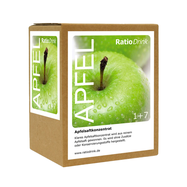 Apfelsaftkonzentrat von ratiodrink in der 3-Liter Bag-in-Box Verpackung, erkennbar am klaren Apfelmotiv auf der Box, konzipiert für Familien und Haushalte, die aus einem Konzentrat viele Gläser Apfelsaft für den täglichen Gebrauch, Mahlzeiten und Gäste einfach selbst mischen möchten
