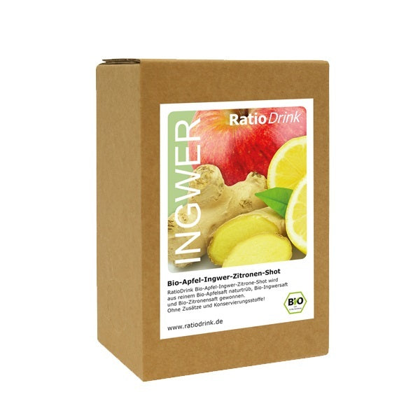 Bio Apfel-Ingwer-Zitronen-Shot von ratiodrink in der 3-Liter Bag-in-Box Verpackung, erkennbar an der Produktabbildung mit Apfel, Ingwer und Zitrone, gedacht für Familien und Haushalte, die funktionale Shots einfach selbst portionieren und täglich nutzen möchten
